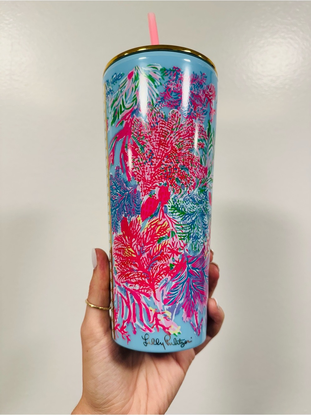 Lilly Pulitzer Blue Tumbler with Pink Tropical Print